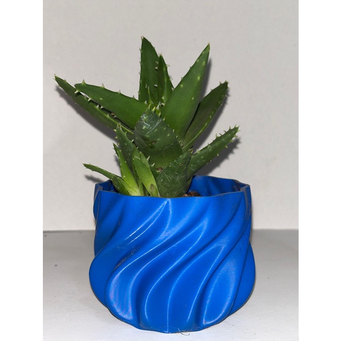 Dalga Desenli Mini Saksı – 3D Baskı Parlak Mavi Dekoratif Saksı